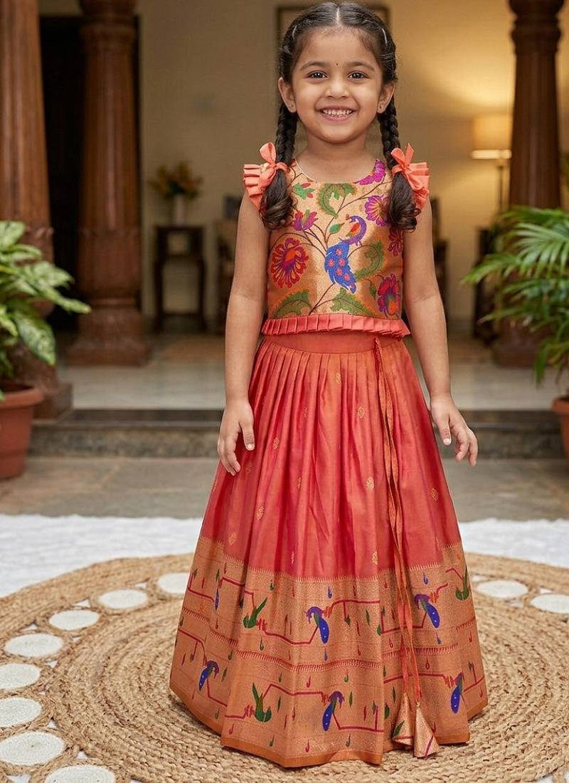 Designer coral soft silk paithani design lehenga choli for girls-party & ethnic wear