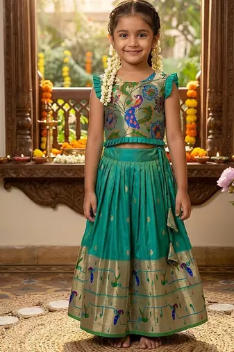 Designer bottlegreen soft silk paithani design lehenga choli for girls-party & ethnic wear