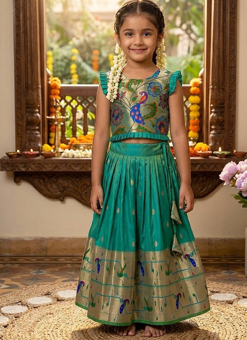 Designer bottlegreen soft silk paithani design lehenga choli for girls-party & ethnic wear