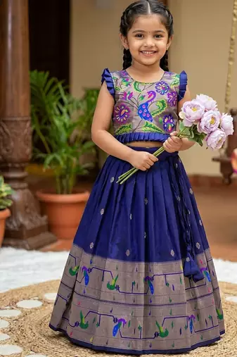 Designer navyblue soft silk paithani design lehenga choli for girls-party & ethnic wear