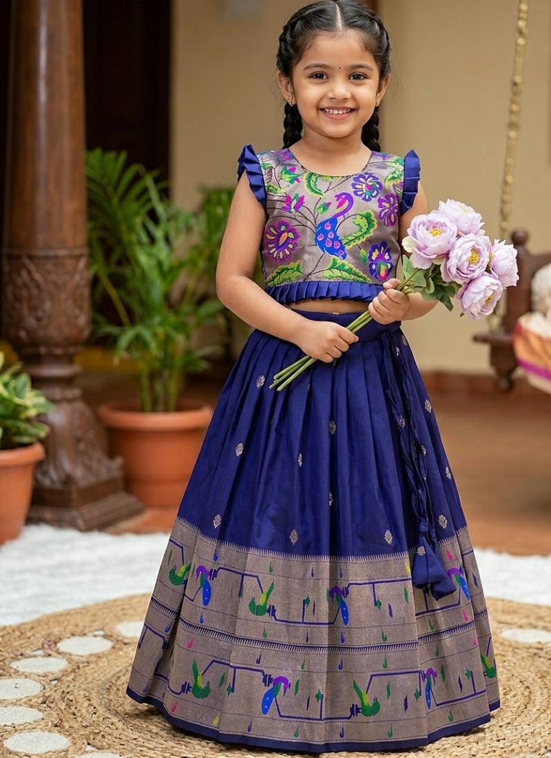 Designer navyblue soft silk paithani design lehenga choli for girls-party & ethnic wear