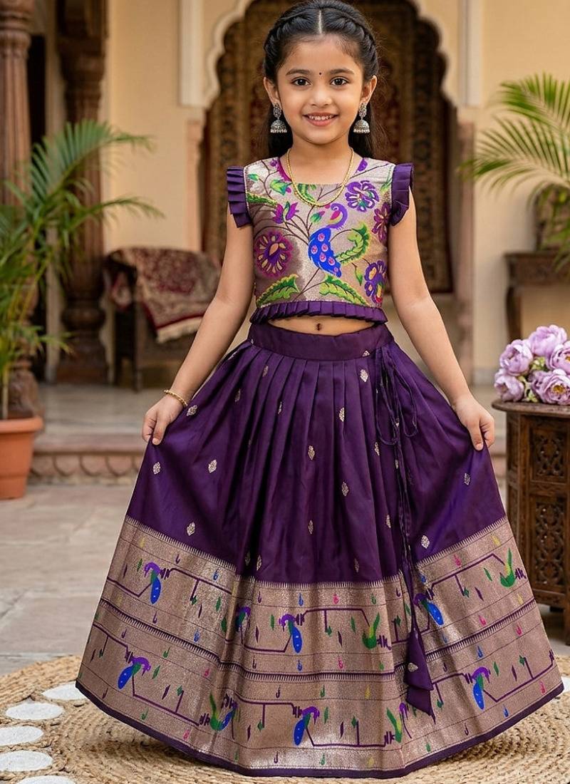 Designer wine soft silk paithani design lehenga choli for girls-party & ethnic wear