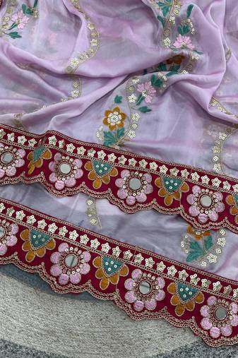 Lavender Color Embroidery, Mirror & Cutwork Border work Rangoli Silk Saree