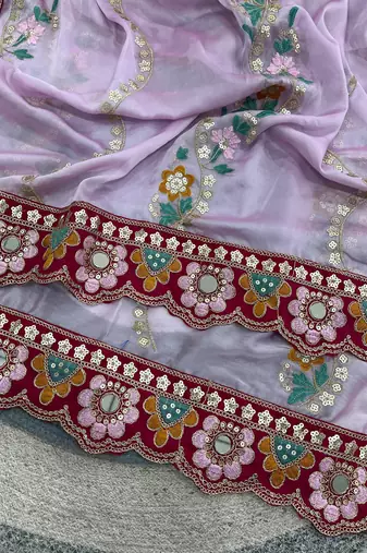 Lavender Color Embroidery, Mirror & Cutwork Border work Rangoli Silk Saree
