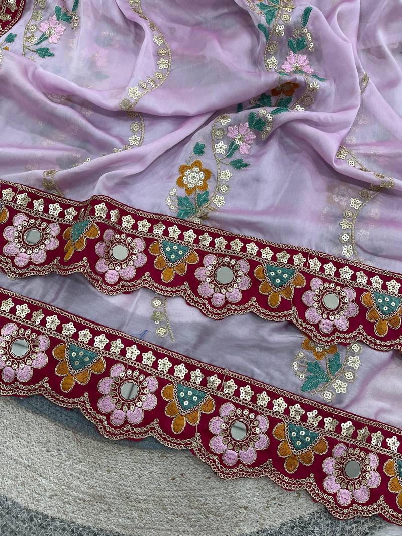 Lavender Color Embroidery, Mirror & Cutwork Border work Rangoli Silk Saree