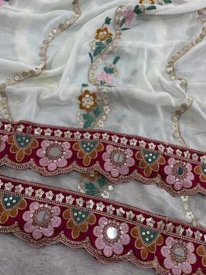 White Color Embroidery, Mirror & Cutwork Border work Rangoli Silk Saree 1