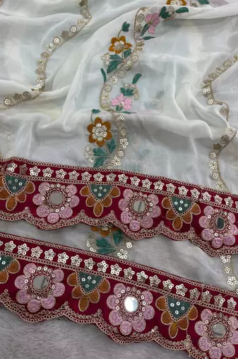 White Color Embroidery, Mirror & Cutwork Border work Rangoli Silk Saree