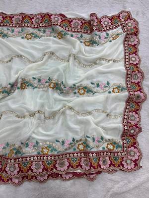 White Color Embroidery, Mirror & Cutwork Border work Rangoli Silk Saree 2