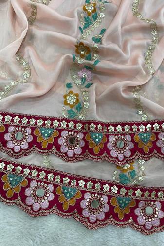 Peach Color Embroidery, Mirror & Cutwork Border work Rangoli Silk Saree