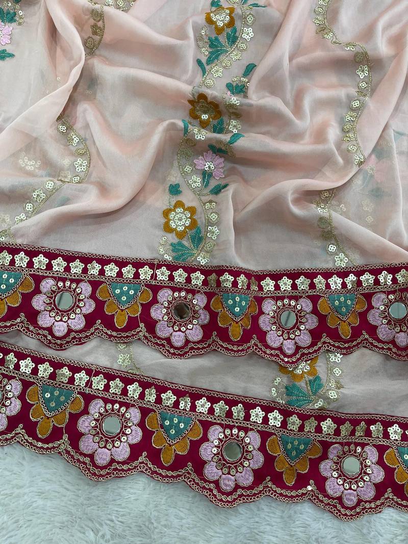 Peach Color Embroidery, Mirror & Cutwork Border work Rangoli Silk Saree