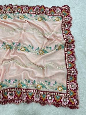 Peach Color Embroidery, Mirror & Cutwork Border work Rangoli Silk Saree 2