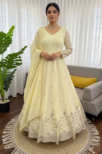 Off white fendy silk thread sequence anarkali suit