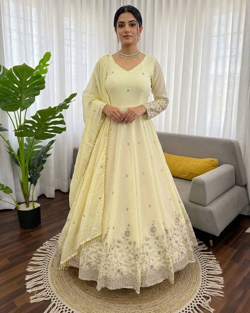 Off white fendy silk thread sequence anarkali suit