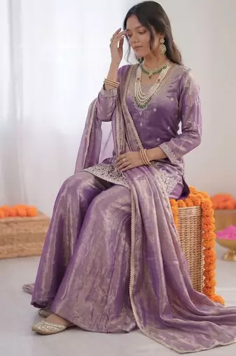 Lavender fendy silk thread sequin palazzo suit