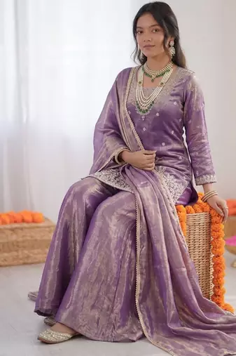 Lavender fendy silk thread sequin palazzo suit
