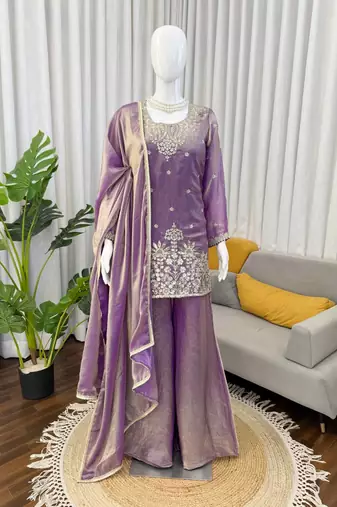 Lavender fendy silk thread sequin palazzo suit