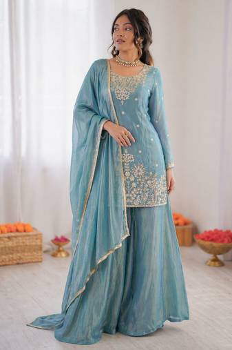 Sky blue fendy silk thread sequence plazzo suit