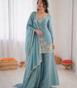 Sky blue fendy silk thread sequence plazzo suit