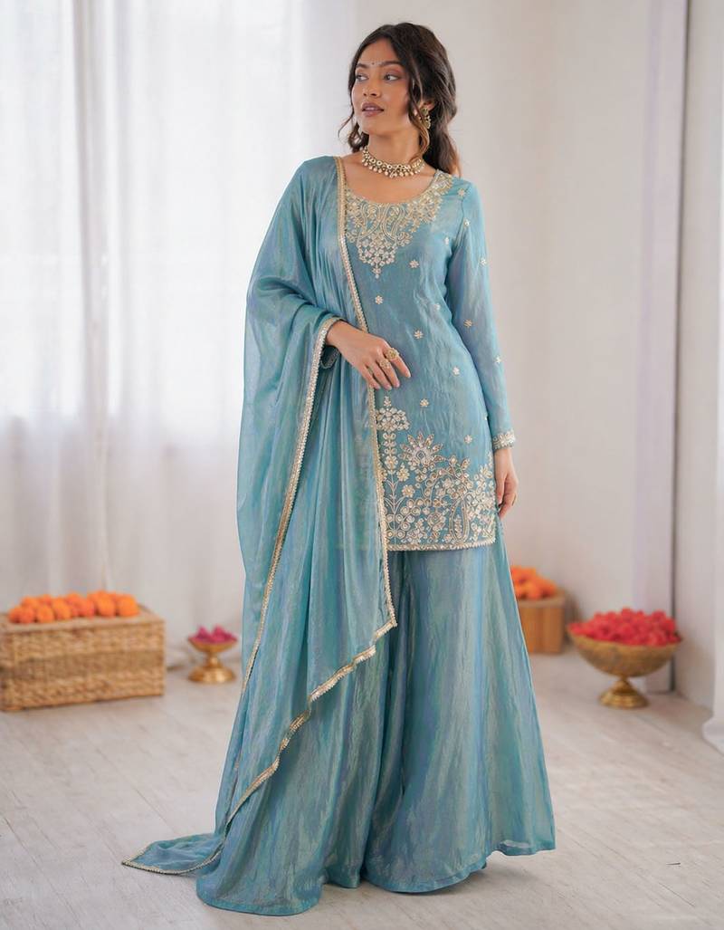 Sky blue fendy silk thread sequence plazzo suit