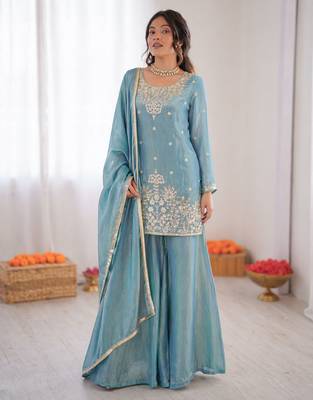 Sky blue fendy silk thread sequin plazzo suit 2