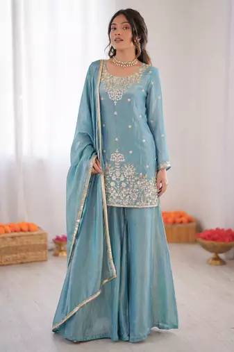 Sky blue fendy silk thread sequin plazzo suit