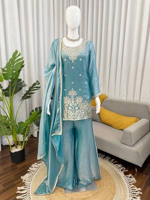 Sky blue fendy silk thread sequin plazzo suit 3