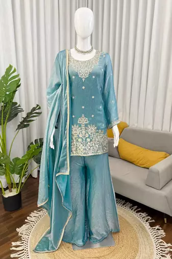 Sky blue fendy silk thread sequin plazzo suit