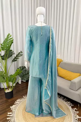 Sky blue fendy silk thread sequin plazzo suit