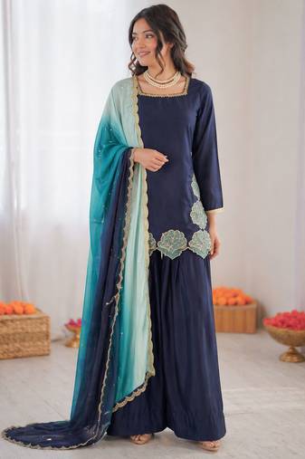 Blue crepe silk thread sequence farshi salwar suit
