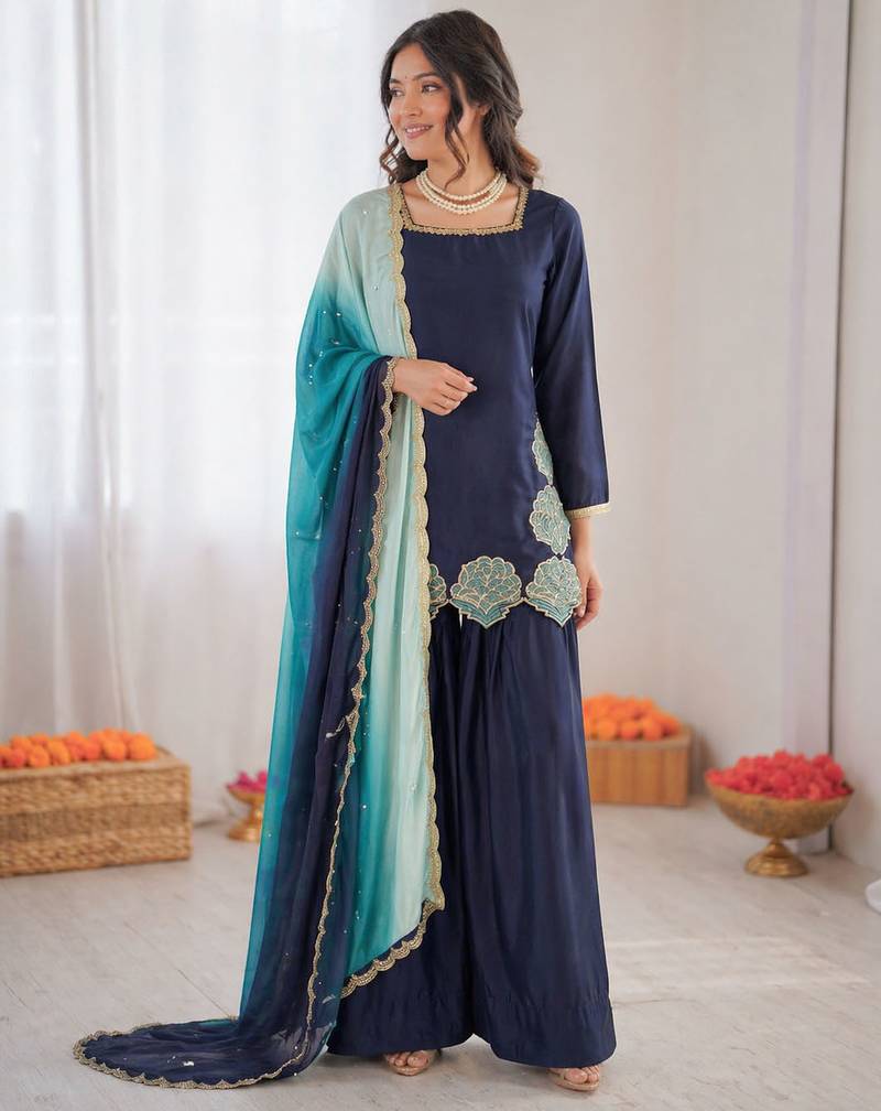 Blue crepe silk thread sequence farshi salwar suit