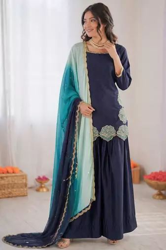 Blue crepe silk thread sequin farshi salwar suit