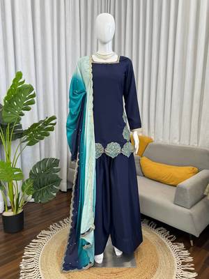 Blue crepe silk thread sequin farshi salwar suit 3