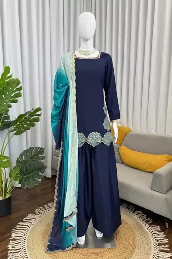 Blue crepe silk thread sequin farshi salwar suit