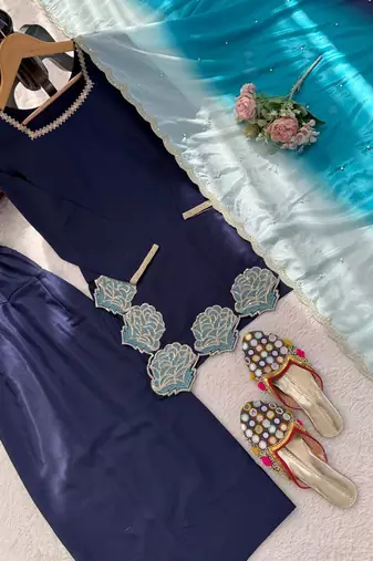 Blue crepe silk thread sequin farshi salwar suit