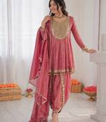 Onion pink art silk thread with mirror work dhoti style suit