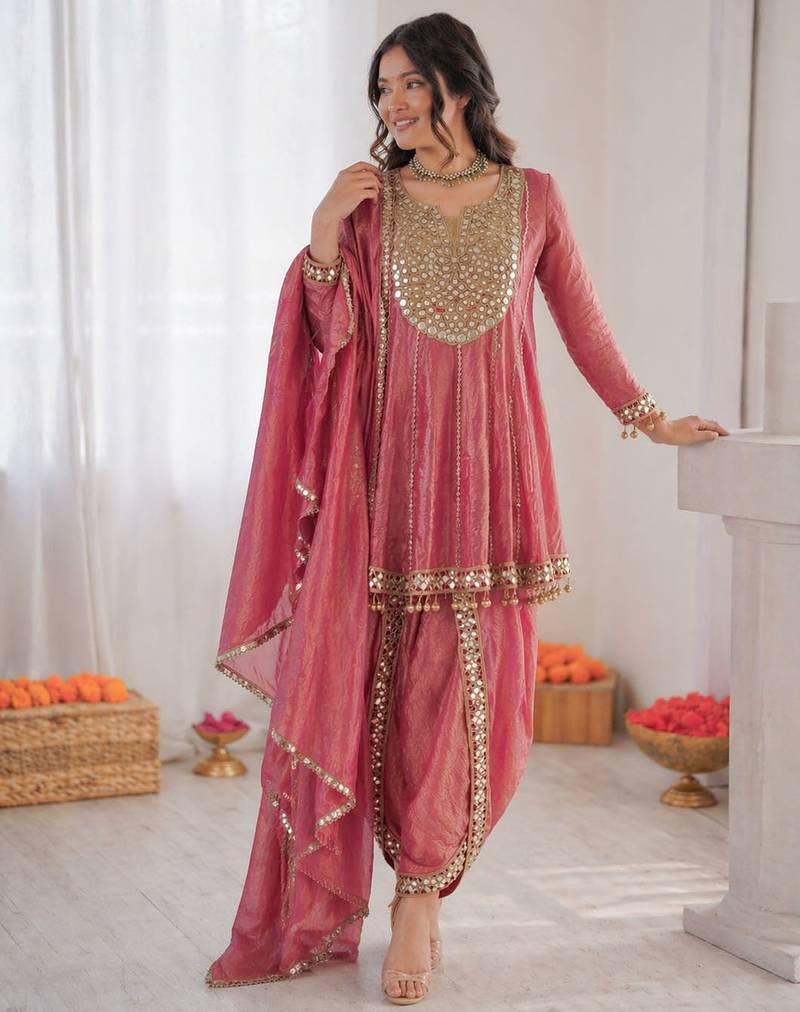 Onion pink art silk thread with mirror work dhoti style suit