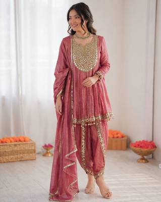 Onion pink art silk thread with mirror work dhoti style suit 2