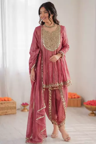 Onion pink art silk thread with mirror work dhoti style suit
