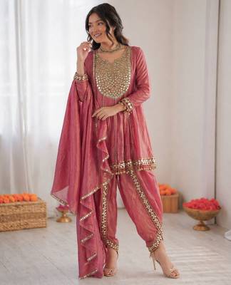 Onion pink art silk thread with mirror work dhoti style suit 3
