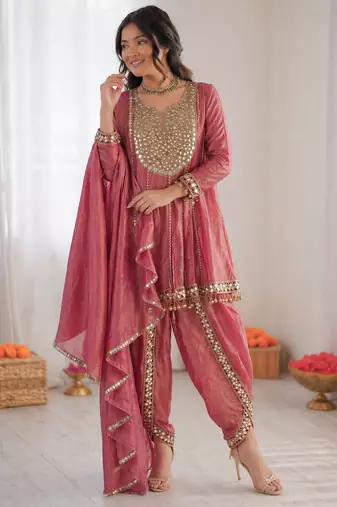 Onion pink art silk thread with mirror work dhoti style suit