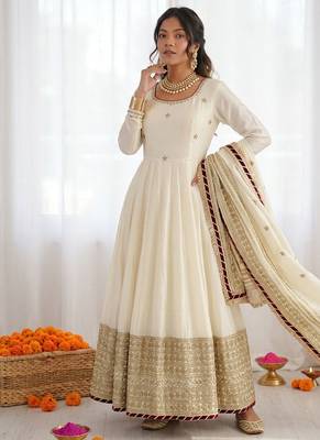 Off white chinon silk thread sequin anarkali suit 1