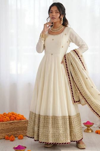 Off white chinon silk thread sequence anarkali suit