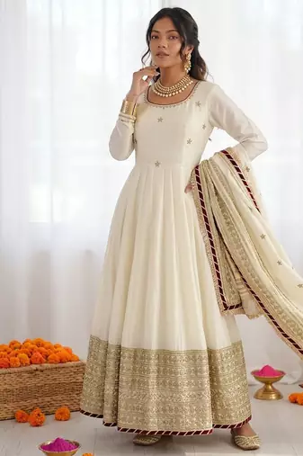 Off white chinon silk thread sequence anarkali suit