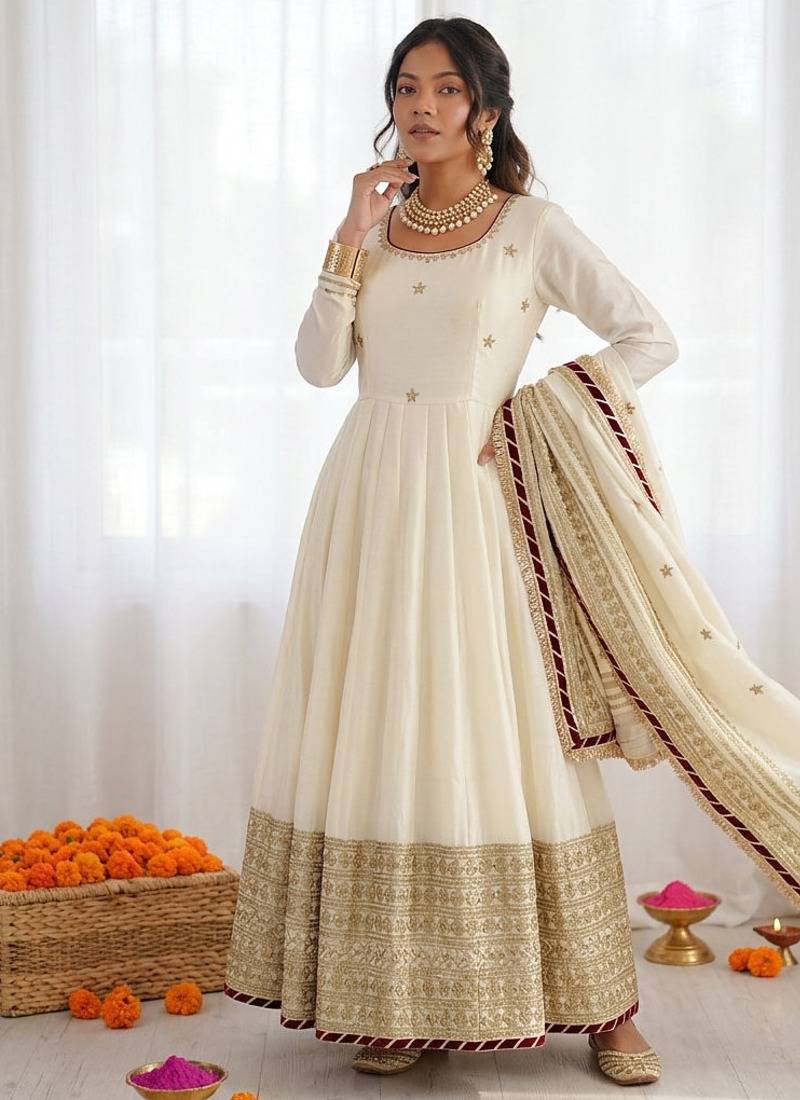 Off white chinon silk thread sequence anarkali suit