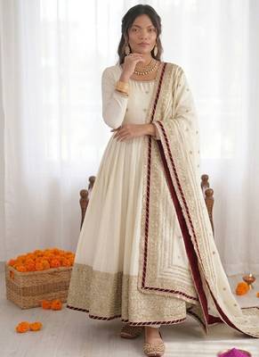 Off white chinon silk thread sequin anarkali suit 2