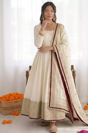 Off white chinon silk thread sequin anarkali suit