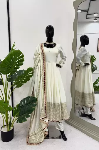 Off white chinon silk thread sequin anarkali suit