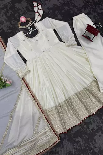 Off white chinon silk thread sequin anarkali suit