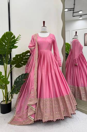 Pink chinon silk thread sequence anarkali suit