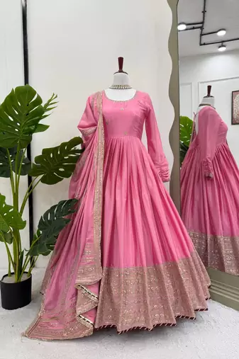 Pink chinon silk thread sequence anarkali suit